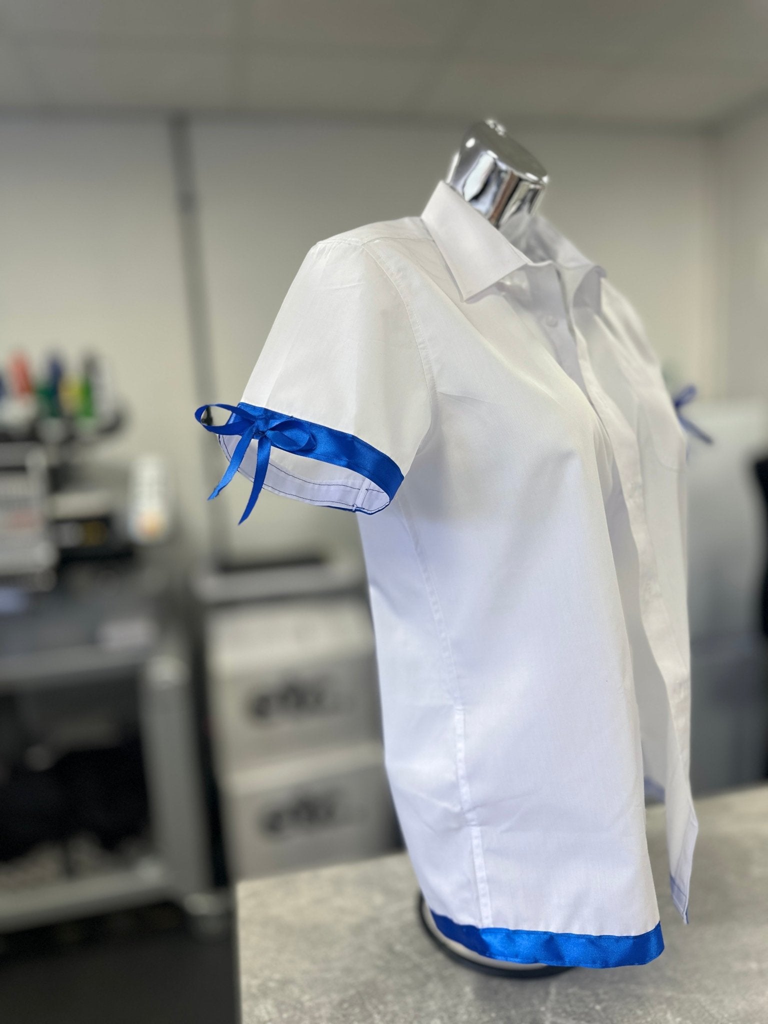 Royal Blue Satin Ribbon Trim & Bows Personalised School Leavers Shirt - Ink Stitch Press