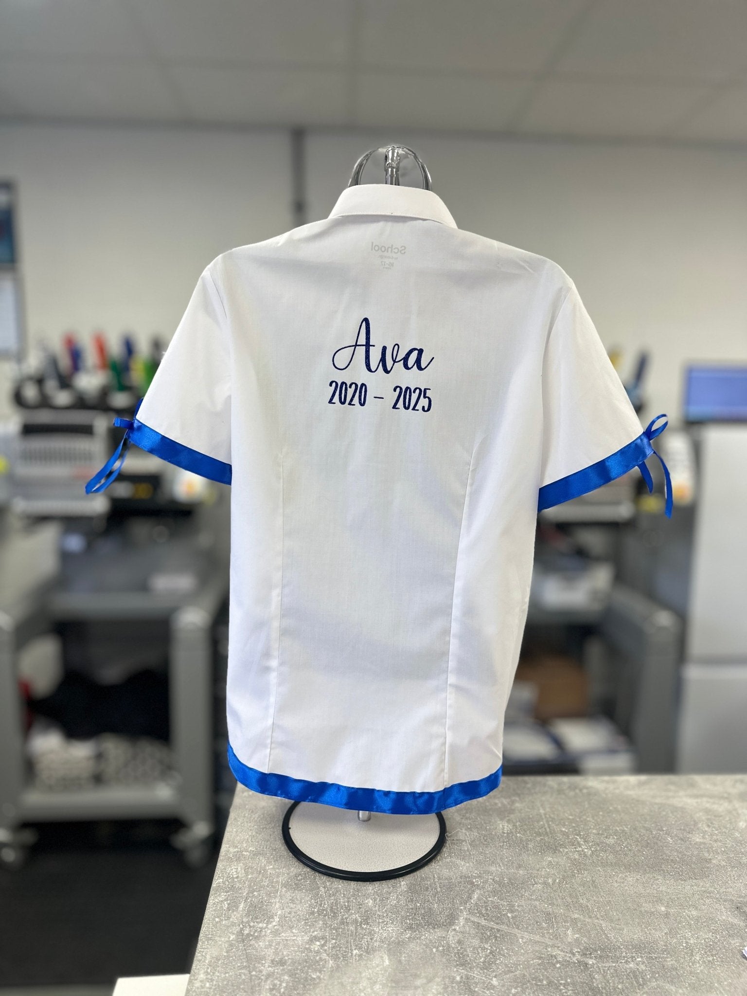 Royal Blue Satin Ribbon Trim & Bows Personalised School Leavers Shirt - Ink Stitch Press