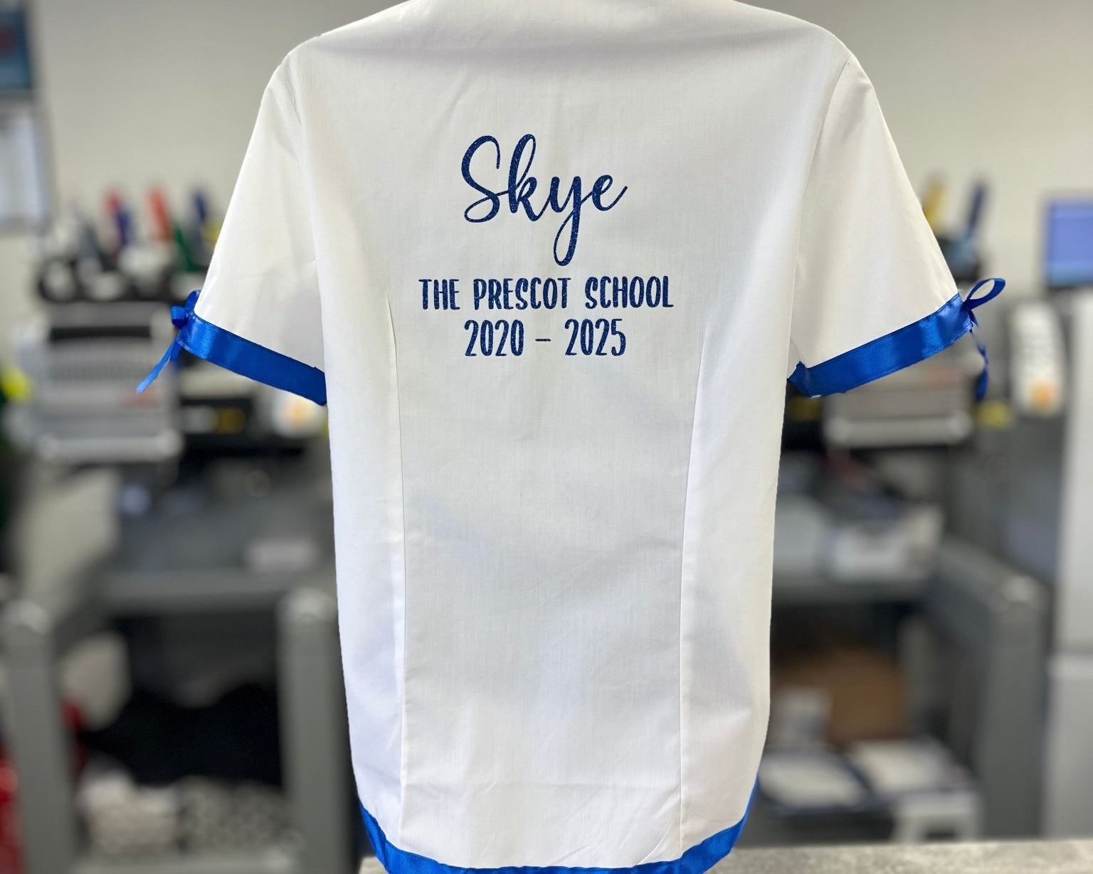 Royal Blue Satin Ribbon Trim & Bows Personalised School Leavers Shirt - Ink Stitch Press